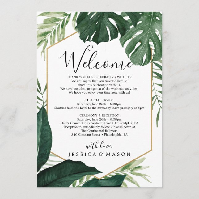 Tropical Monstera Wedding Welcome Itinerary Letter Program (Front)