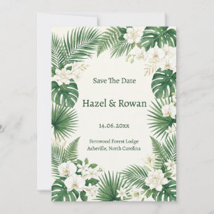 Tropical Monstera White Flower Save the Date Invitation