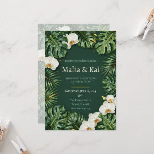 Tropical Monstera White Orchid Dark Green Wedding Invitation