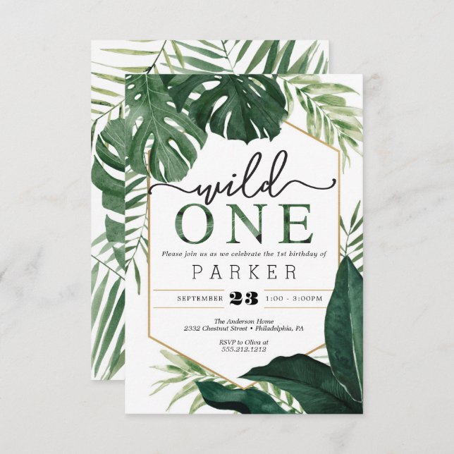 Tropical Monstera Wild One First Birthday Invite (Front/Back)