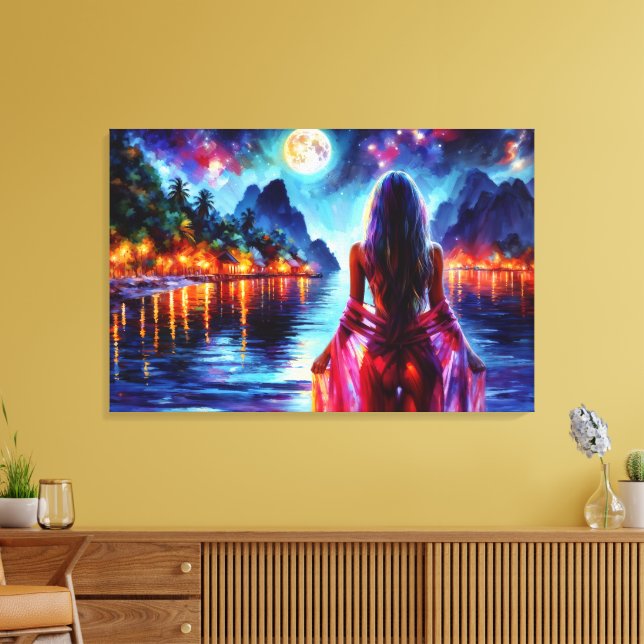 Tropical moonlit fantasy woman in paradise canvas print (Insitu(LivingRoom))