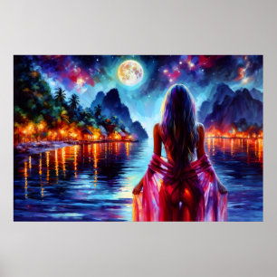 Tropical moonlit fantasy woman in paradise poster