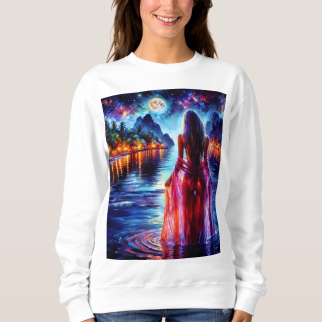 Tropical moonlit fantasy woman in paradise sweatshirt (Front)