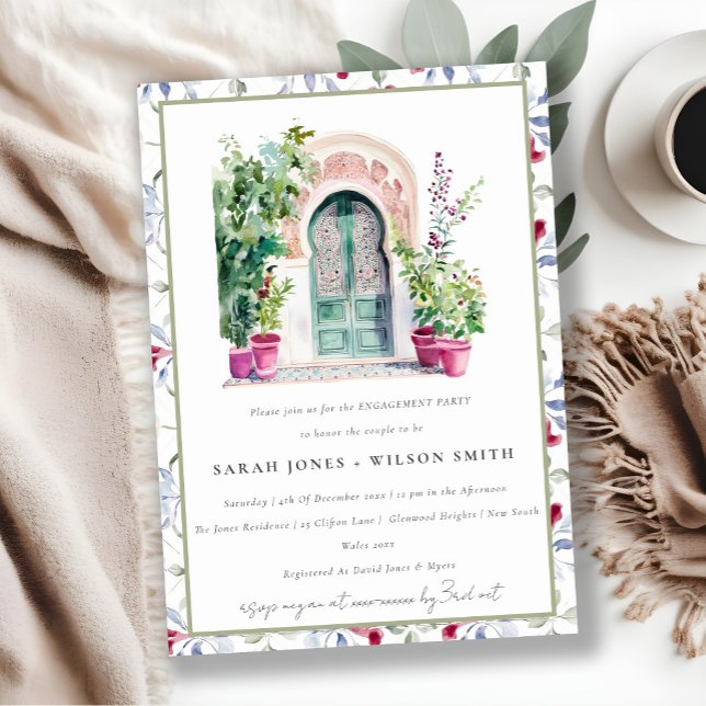 Tropical Moroccan Doorway Watercolor Engagement Invitation (Creator Uploaded)