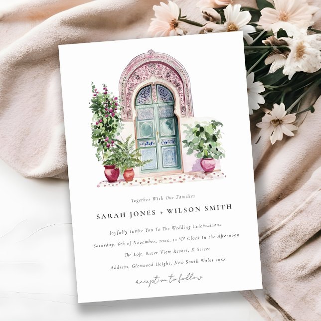Tropical Moroccan Doorway Watercolor Wedding Invitation (Creator Uploaded)