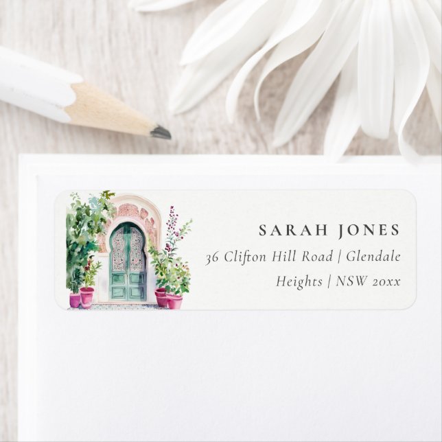 Tropical Moroccan Watercolor Doorway Address Label (Insitu)