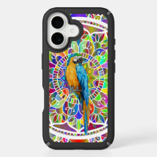 Tropical Mosaic – Blue & Gold Macaw Mandala iPhone 16 Case