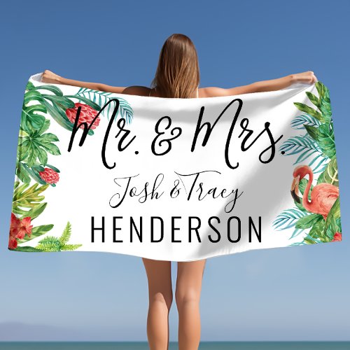 Tropical Mr  Mrs Personalized Beach Towel