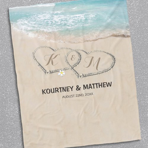 Tropical Mr & Mrs Wedding Gift Fleece Blanket - Newlywed ocean themed fleece blanket featuring a vintage sandy beach with two hearts in the shoreline, calming blue sea, your initials, name, and wedding date.