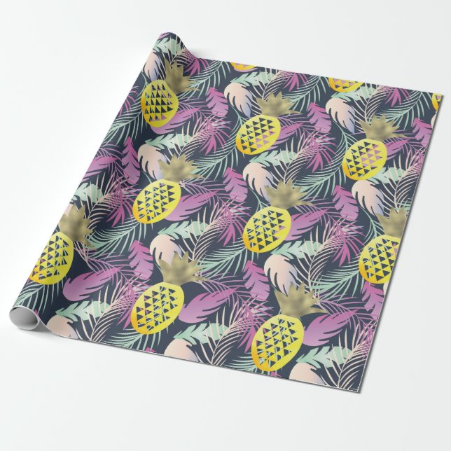 Tropical Multicolor Palm Leaves Gold  Pineapples Wrapping Paper (Unrolled)