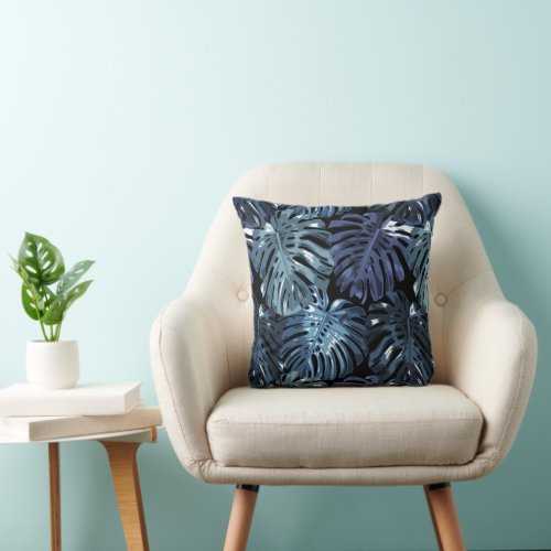Tropical Muted Blue Black Monstera Jungle Leaves Throw Pillow