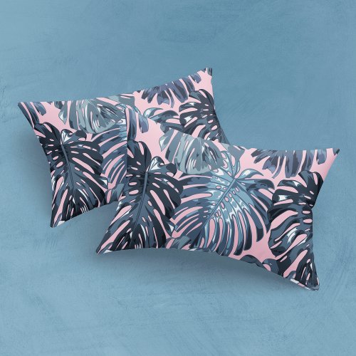 Tropical Muted Blue Pink Monstera Jungle Leaves Pillow Case