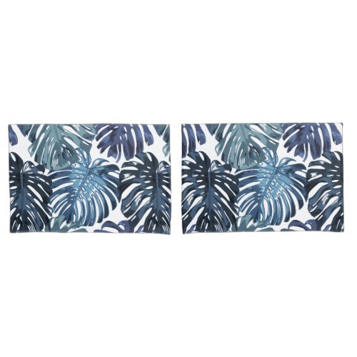 Tropical Muted Blue White Monstera Jungle Leaves Pillow Case