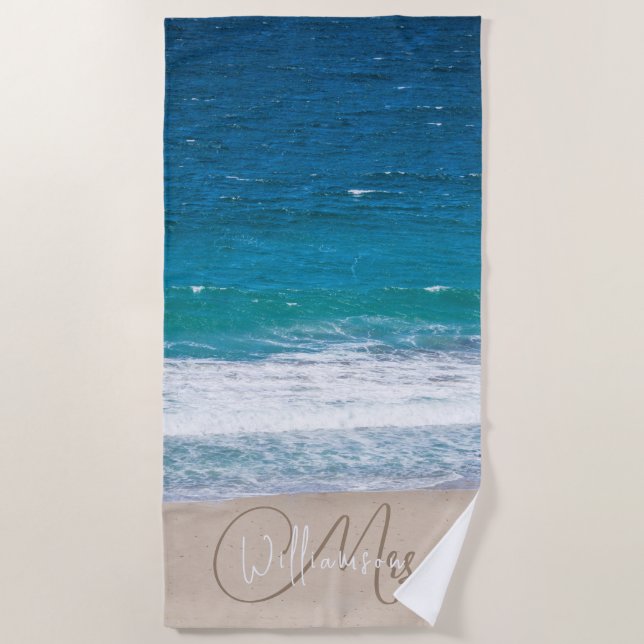 Tropical Name Blue Beach Waves Wedding Towel (Front)