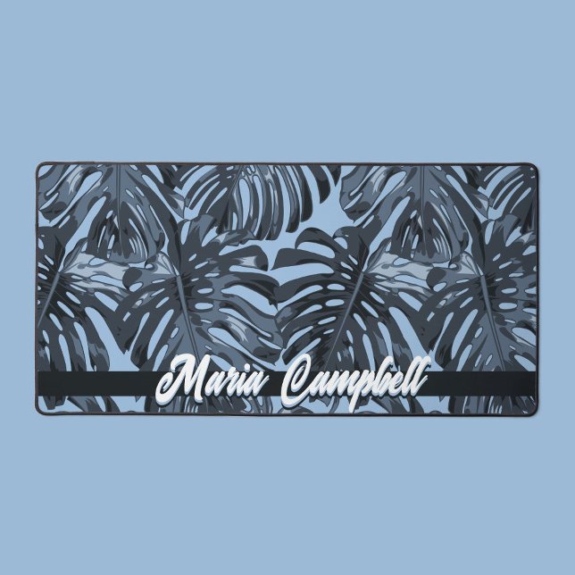 Tropical Name Blue Gray Monstera Leaves  Desk Mat (Creator Uploaded)