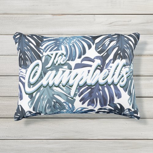 Tropical Name Blue White Monstera Leaves Pattern Outdoor Pillow