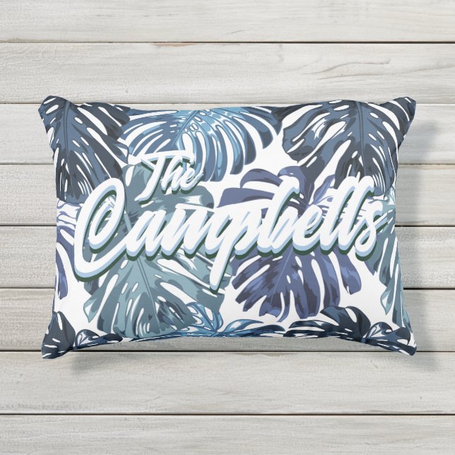 Tropical Name Blue White Monstera Leaves Pattern Outdoor Pillow (Front)