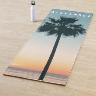 Tropical Name Teal & Orange Sunset Palm Tree Name Yoga Mat