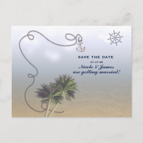 Tropical Nautical Beach  Palm Trees Save The Date Announcement Postcard
