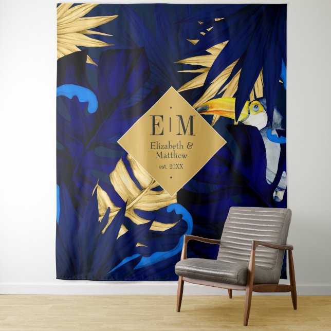 Tropical Navy and Gold Wedding Welcome Tapestry (In Situ)