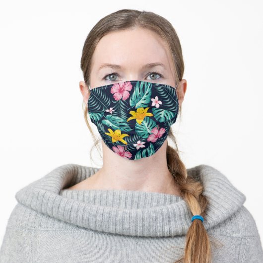 Tropical Navy And Pink Hibiscus Flowers Floral Adult Cloth Face Mask (Worn)