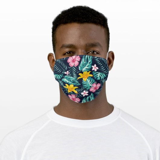 Tropical Navy And Pink Hibiscus Flowers Floral Adult Cloth Face Mask (Worn)