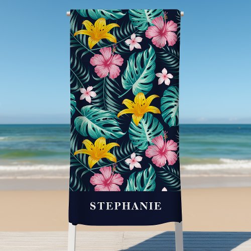 Tropical Navy And Pink Hibiscus Flowers Floral Beach Towel