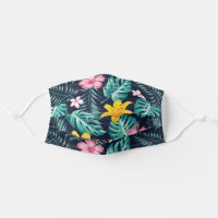 Tropical Navy And Pink Hibiscus Flowers Floral Cloth Face Mask