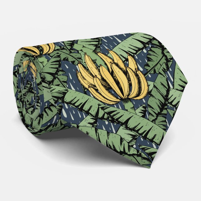 Tropical Navy Banana Leaves and Yellow Bananas Neck Tie (Rolled)