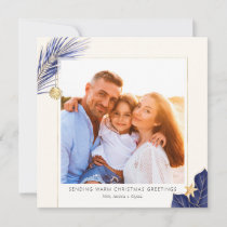 Tropical Navy Blue and Gold Greenery Photo Holiday Card