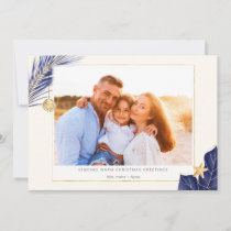 Tropical Navy Blue and Gold Greenery Photo Holiday Card