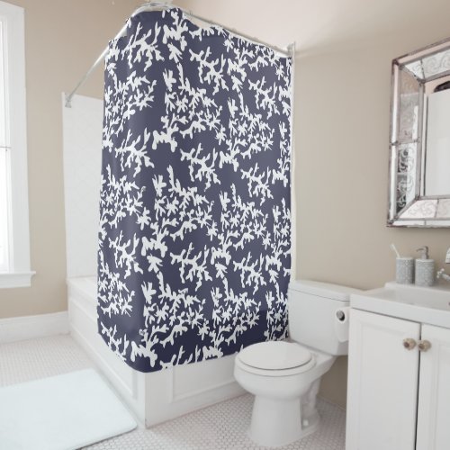 Tropical Navy Blue and White Coral Reef Pattern Shower Curtain