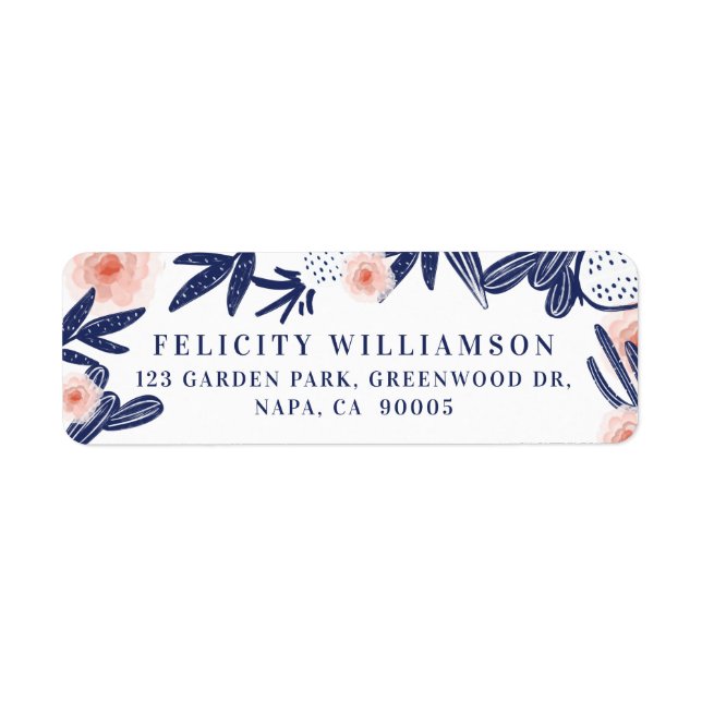 Tropical Navy Blue Cactus & Pink Floral Flowers Label (Front)