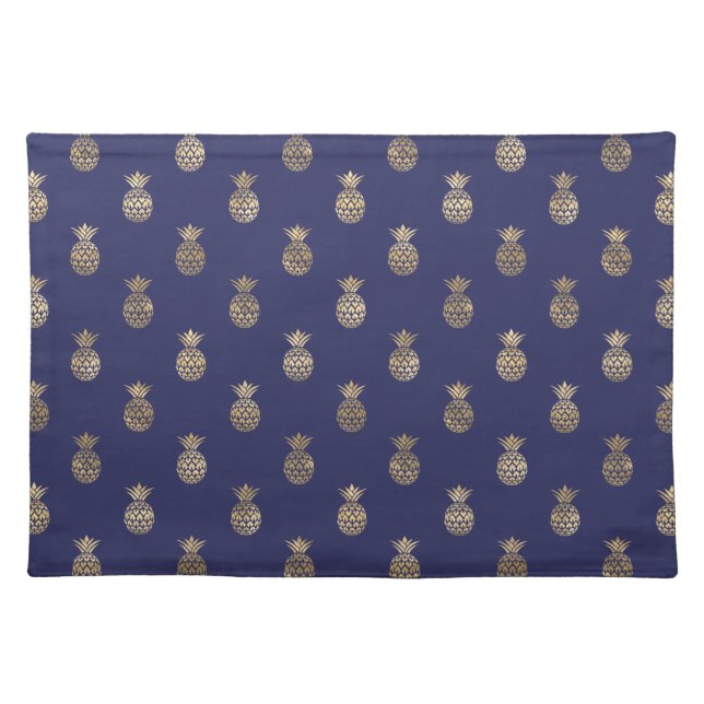 Tropical Navy Blue Faux Gold Pineapple Pattern Cloth Placemat (Front)