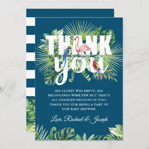 Tropical Navy Blue Flamingo Baby Shower Thank You Card