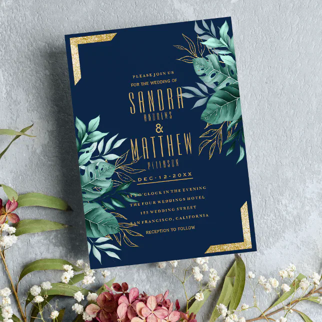 Tropical navy blue gold glitter floral Wedding Invitation | Zazzle