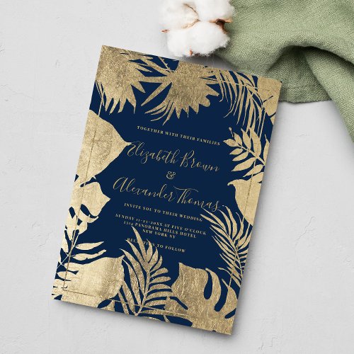 Tropical navy blue gold leaf frame floral wedding invitation