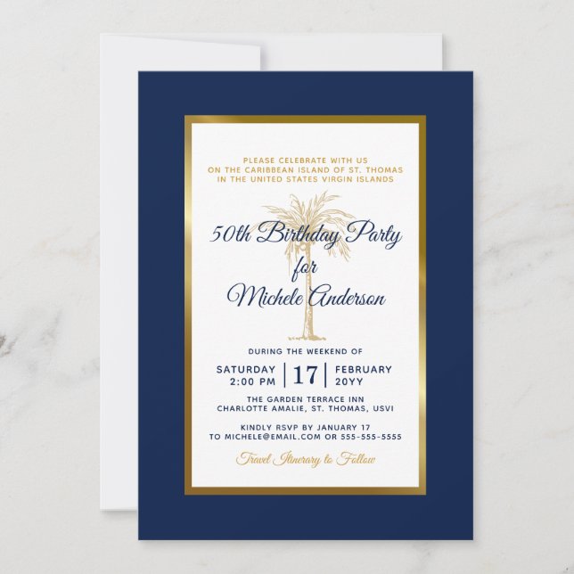 Tropical Navy Blue Gold Palm Tree Birthday Party Invitation (Front)