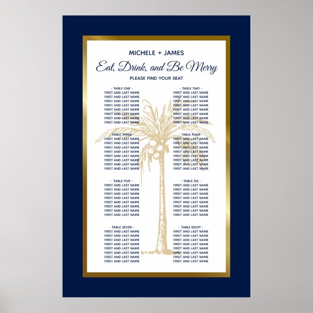 Tropical Navy Blue Gold Palm Wedding Seating Chart (Front)