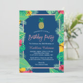 Tropical Navy Blue Gold Pineapple Birthday Party Invitation (Standing Front)