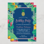 Tropical Navy Blue Gold Pineapple Birthday Party Invitation (Front/Back)