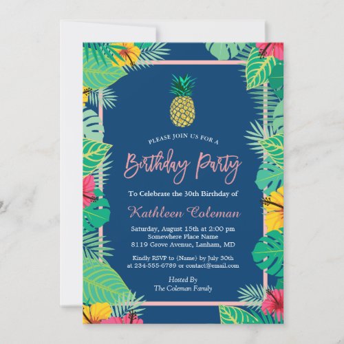 Tropical Navy Blue Gold Pineapple Birthday Party Invitation