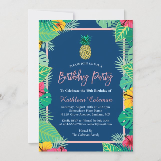 Tropical Navy Blue Gold Pineapple Birthday Party Invitation (Front)