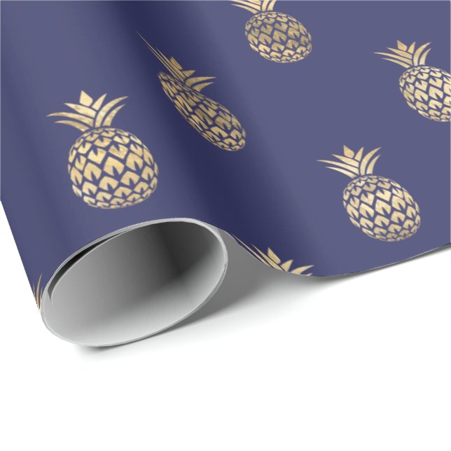 Tropical Navy Blue Gold Pineapple Pattern  Wrapping Paper (Roll Corner)