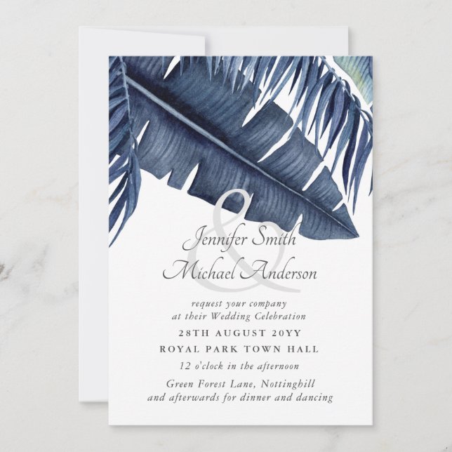 Tropical Navy Blue Leaves Wedding Couples Invites (Front)