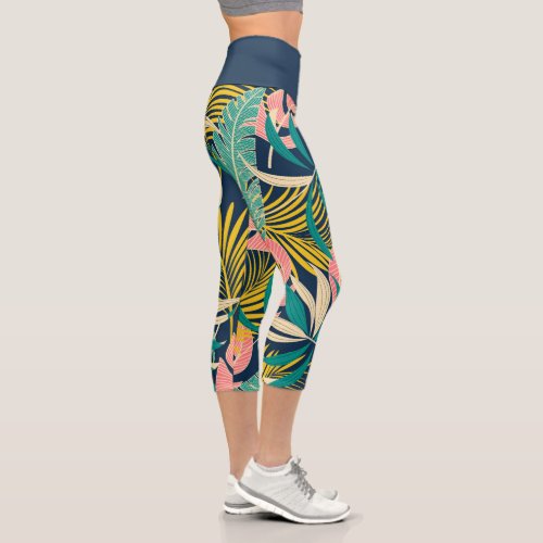 Tropical Navy Blue Palm Leaves Beach Floral Capri Leggings