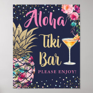 Tropical Navy Blue Pineapple Pink Floral Tiki Bar Poster