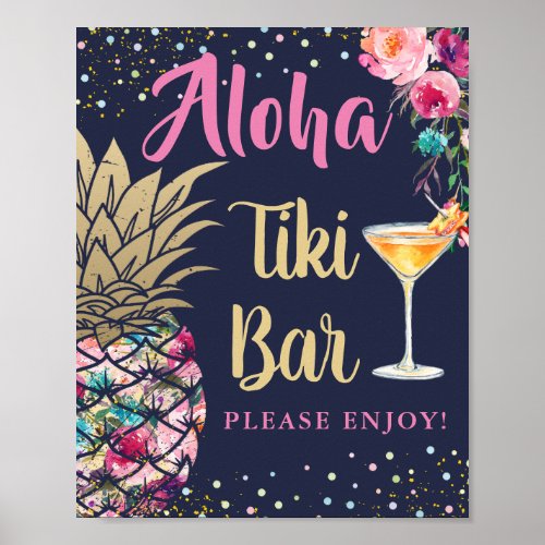 Tropical Navy Blue Pineapple Pink Floral Tiki Bar Poster