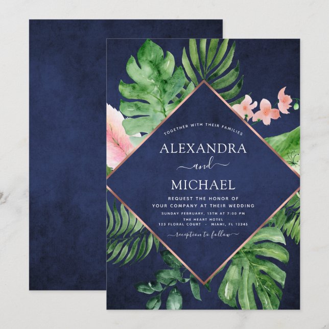 Tropical Navy Blue Watercolor Geometric Wedding Invitation (Front/Back)