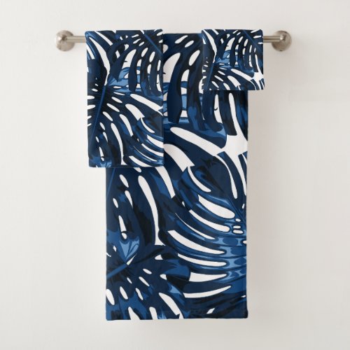 Tropical Navy Blue White Jungle Leaves Bath Towel Set